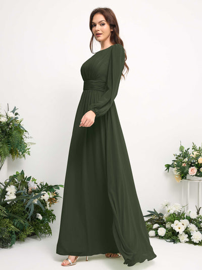 Boat Neck Long Sleeve Chiffon Maxi Dress | Elegant A-Line Bridesmaid & Wedding Guest Dress #color_martini-olive