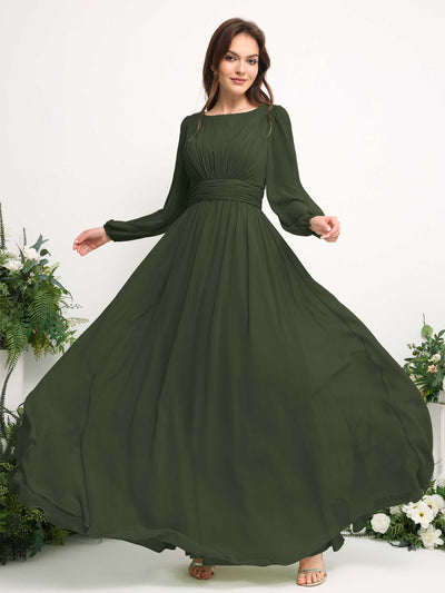 Boat Neck Long Sleeve Chiffon Maxi Dress | Elegant A-Line Bridesmaid & Wedding Guest Dress #color_martini-olive