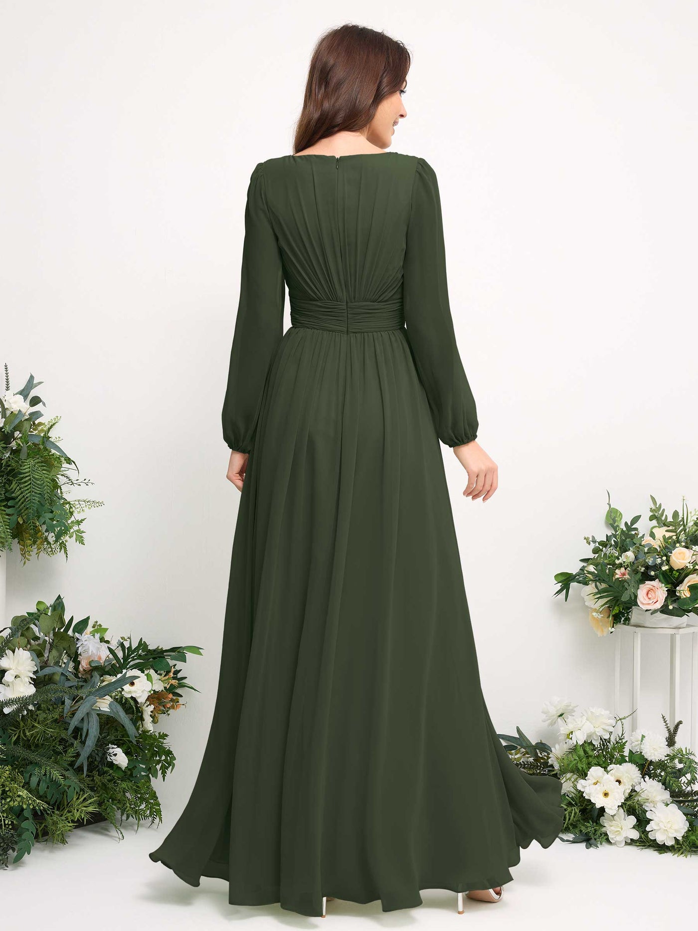 Boat Neck Long Sleeve Chiffon Maxi Dress | Elegant A-Line Bridesmaid & Wedding Guest Dress #color_martini-olive