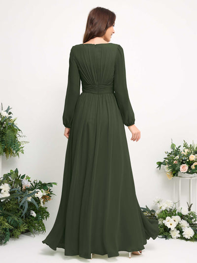 Boat Neck Long Sleeve Chiffon Maxi Dress | Elegant A-Line Bridesmaid & Wedding Guest Dress #color_martini-olive