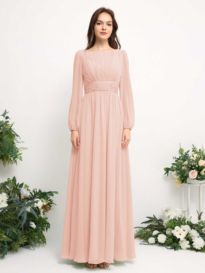 Boat Neck Long Sleeve Chiffon Maxi Dress | Elegant A-Line Bridesmaid & Wedding Guest Dress #color_pearl-pink