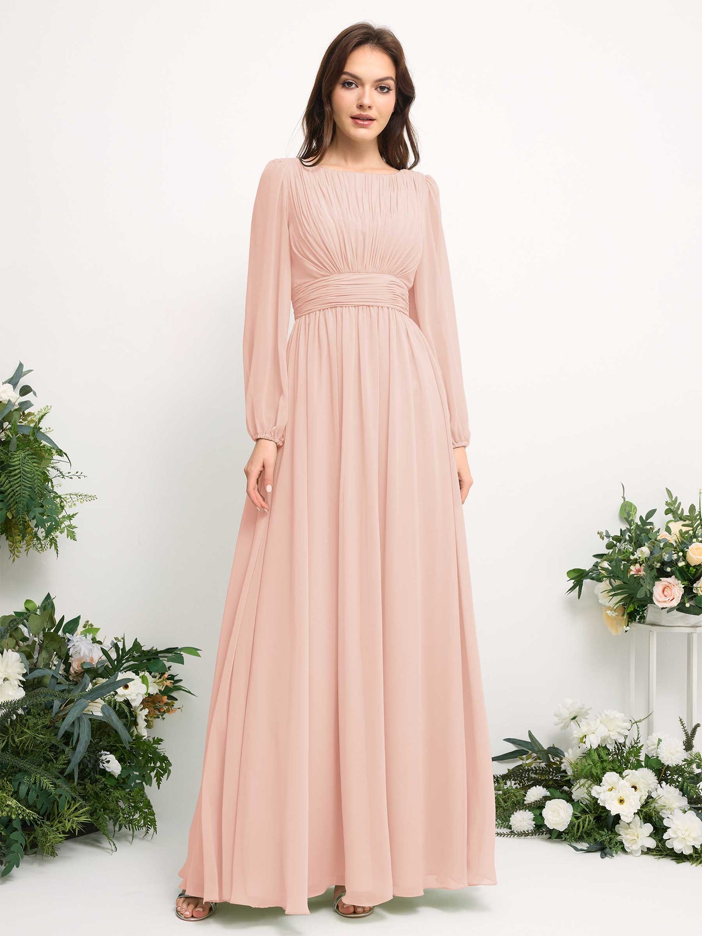 Boat Neck Long Sleeve Chiffon Maxi Dress | Elegant A-Line Bridesmaid & Wedding Guest Dress #color_pearl-pink