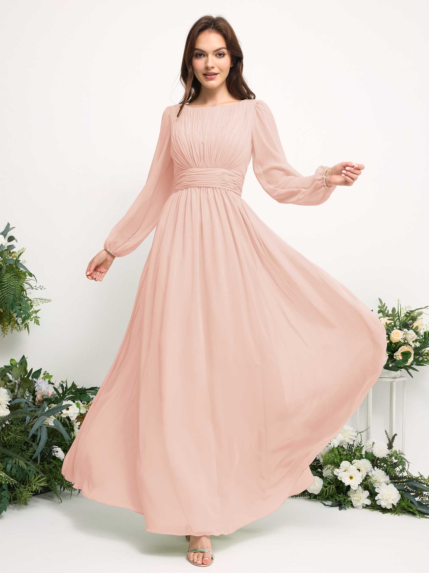 Boat Neck Long Sleeve Chiffon Maxi Dress | Elegant A-Line Bridesmaid & Wedding Guest Dress #color_pearl-pink