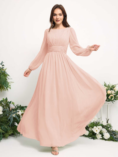 Boat Neck Long Sleeve Chiffon Maxi Dress | Elegant A-Line Bridesmaid & Wedding Guest Dress #color_pearl-pink