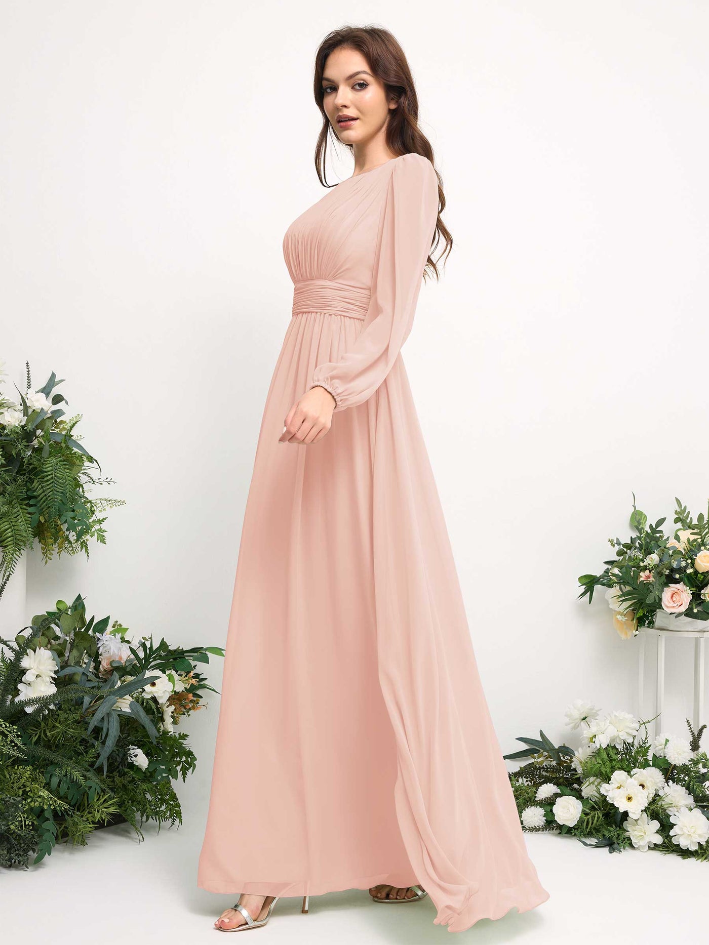 Boat Neck Long Sleeve Chiffon Maxi Dress | Elegant A-Line Bridesmaid & Wedding Guest Dress #color_pearl-pink