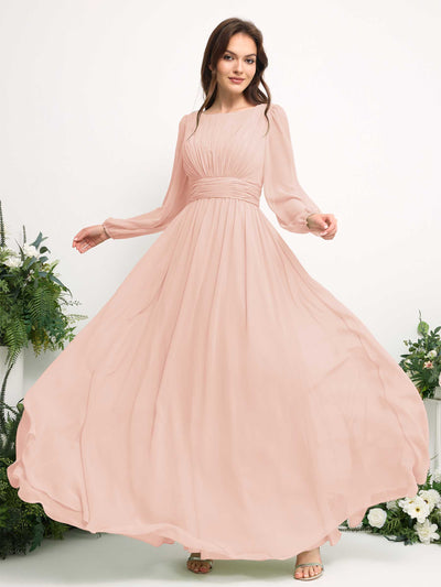 Boat Neck Long Sleeve Chiffon Maxi Dress | Elegant A-Line Bridesmaid & Wedding Guest Dress #color_pearl-pink