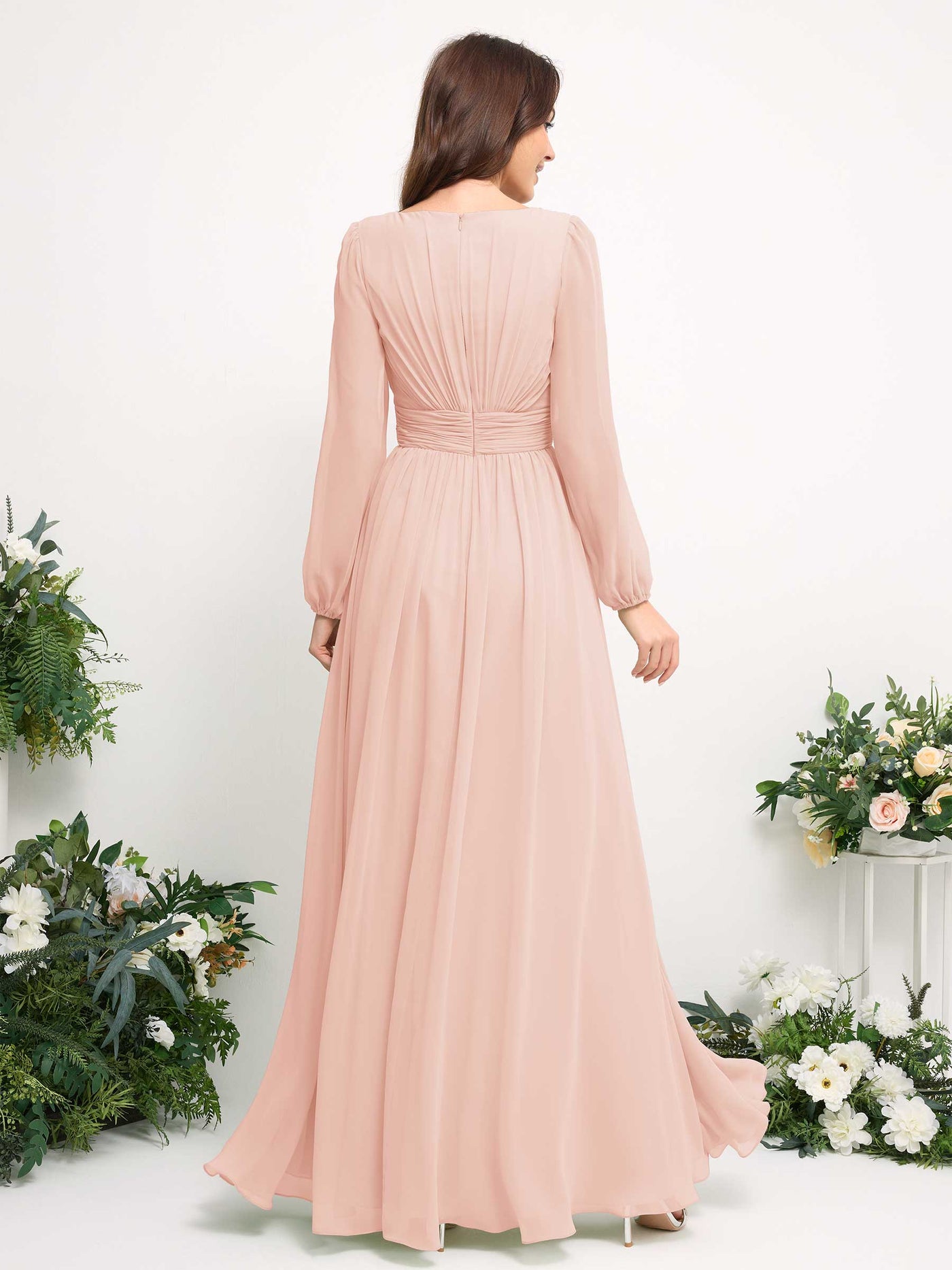 Boat Neck Long Sleeve Chiffon Maxi Dress | Elegant A-Line Bridesmaid & Wedding Guest Dress #color_pearl-pink