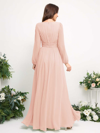 Boat Neck Long Sleeve Chiffon Maxi Dress | Elegant A-Line Bridesmaid & Wedding Guest Dress #color_pearl-pink