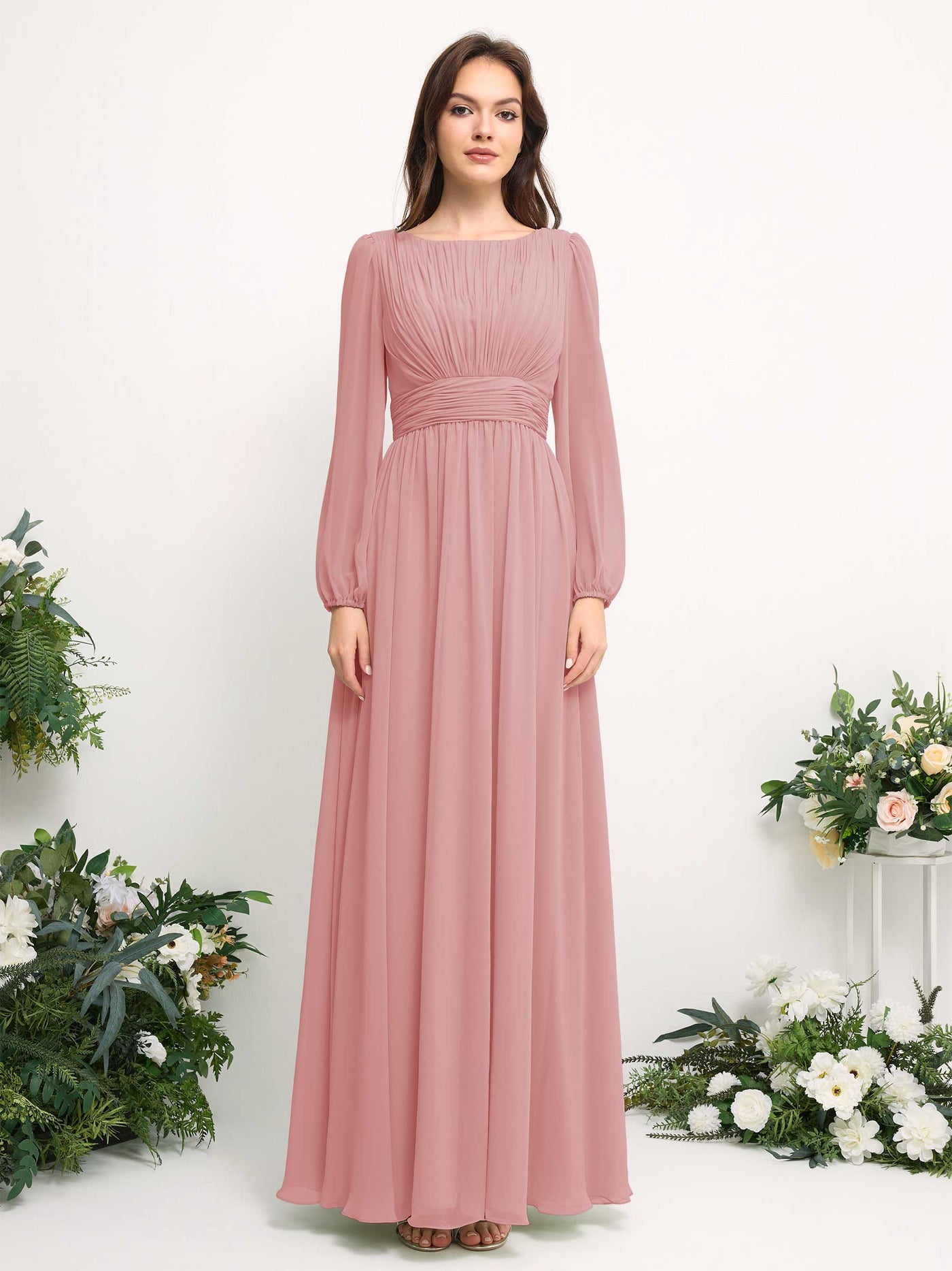 Boat Neck Long Sleeve Chiffon Maxi Dress | Elegant A-Line Bridesmaid & Wedding Guest Dress #color_dusty-rose