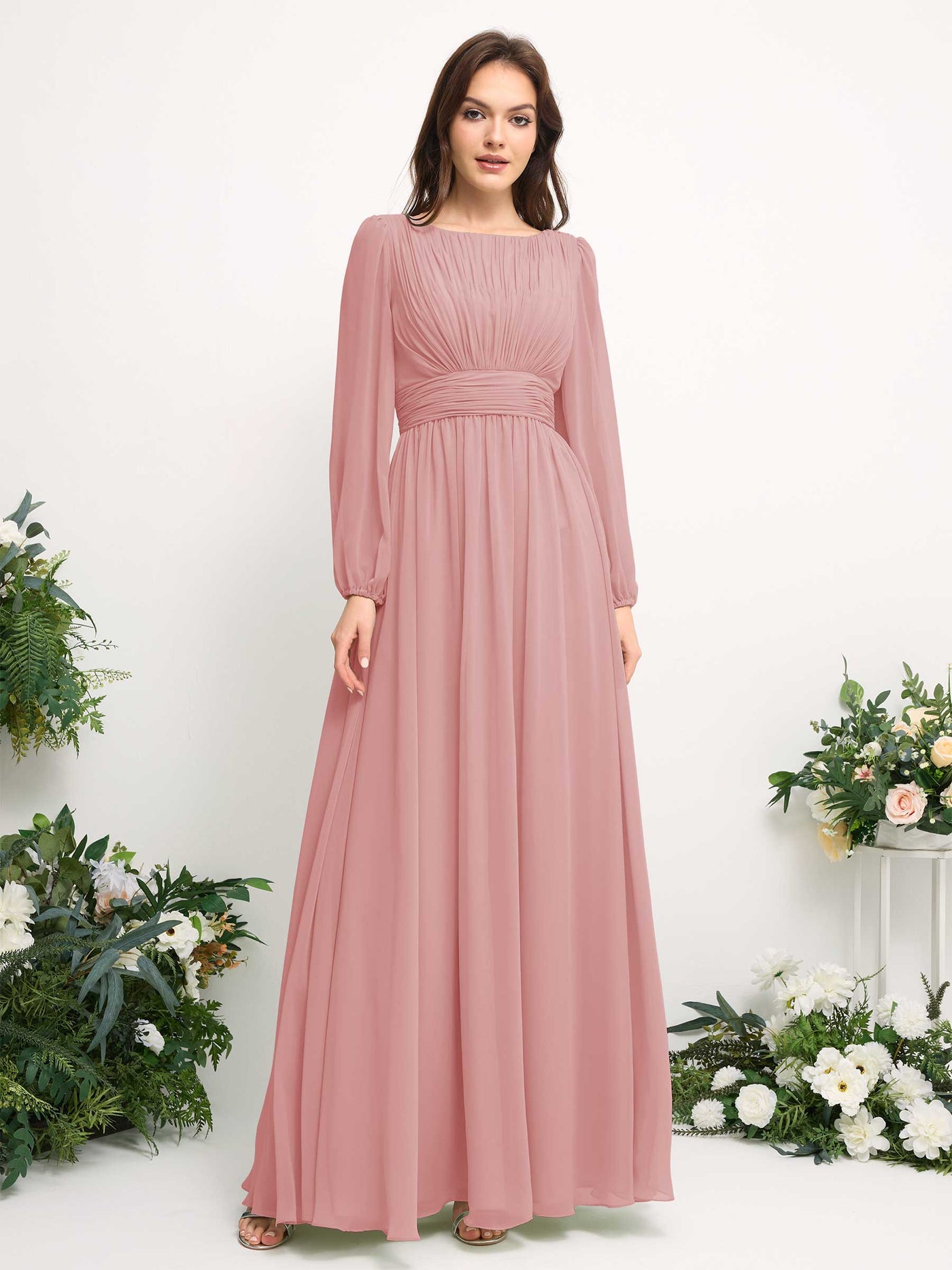 Boat Neck Long Sleeve Chiffon Maxi Dress | Elegant A-Line Bridesmaid & Wedding Guest Dress #color_dusty-rose