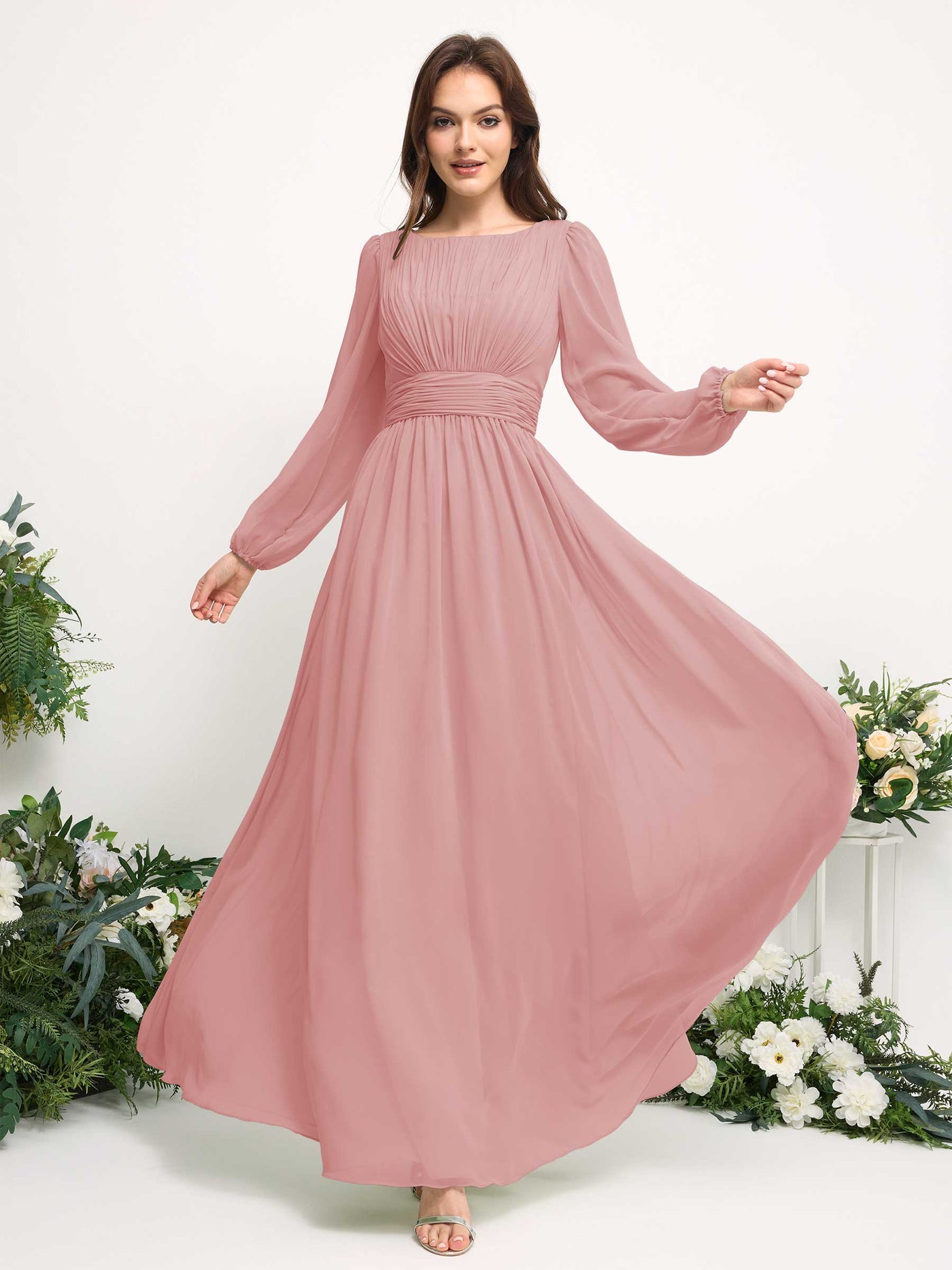 Boat Neck Long Sleeve Chiffon Maxi Dress | Elegant A-Line Bridesmaid & Wedding Guest Dress #color_dusty-rose