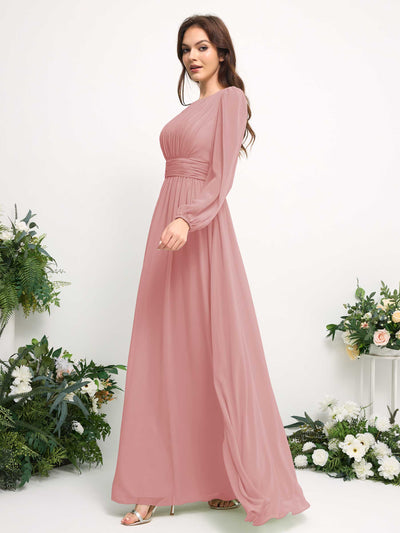 Boat Neck Long Sleeve Chiffon Maxi Dress | Elegant A-Line Bridesmaid & Wedding Guest Dress #color_dusty-rose