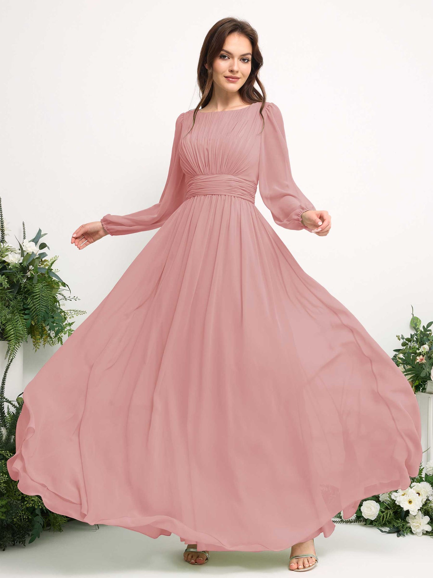 Boat Neck Long Sleeve Chiffon Maxi Dress | Elegant A-Line Bridesmaid & Wedding Guest Dress #color_dusty-rose
