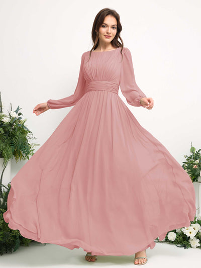 Boat Neck Long Sleeve Chiffon Maxi Dress | Elegant A-Line Bridesmaid & Wedding Guest Dress #color_dusty-rose