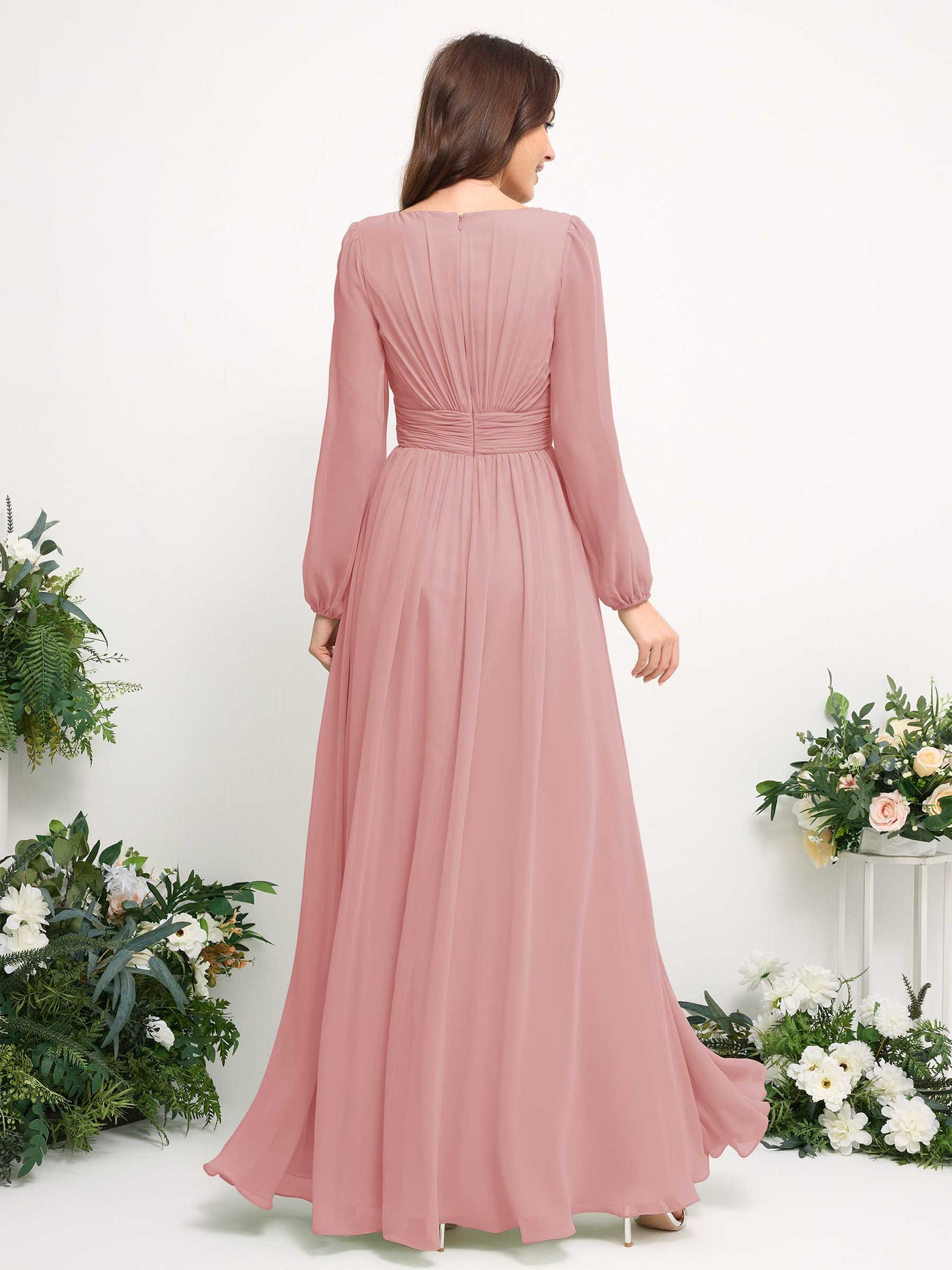 Boat Neck Long Sleeve Chiffon Maxi Dress | Elegant A-Line Bridesmaid & Wedding Guest Dress #color_dusty-rose