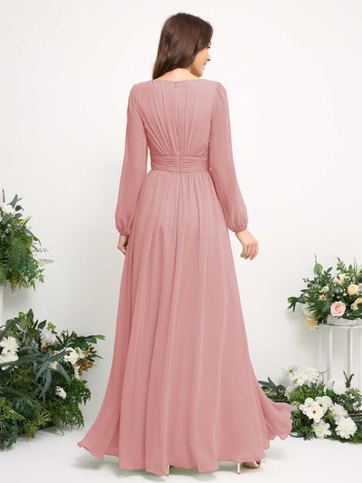 Boat Neck Long Sleeve Chiffon Maxi Dress | Elegant A-Line Bridesmaid & Wedding Guest Dress #color_dusty-rose
