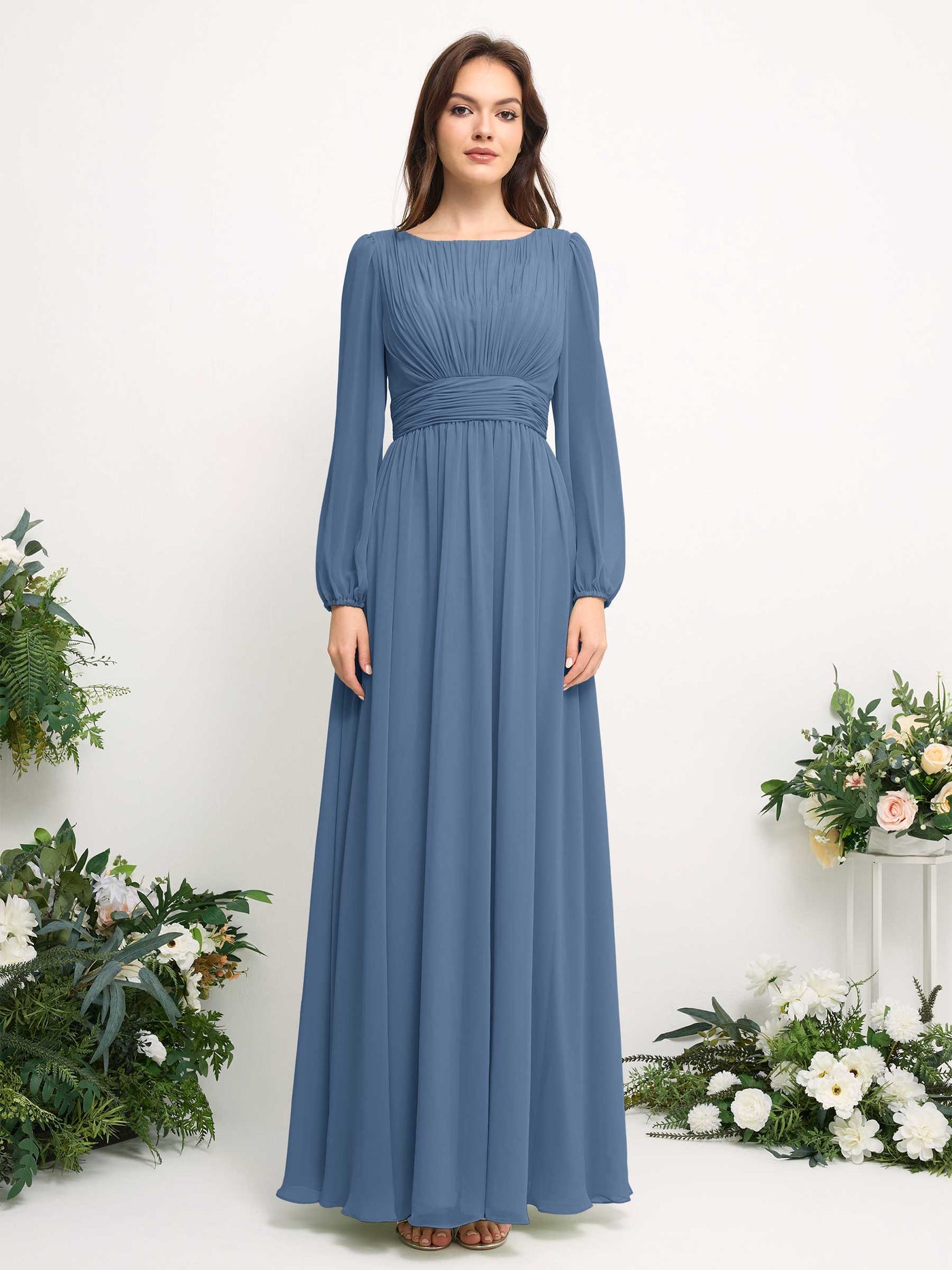 Boat Neck Long Sleeve Chiffon Maxi Dress | Elegant A-Line Bridesmaid & Wedding Guest Dress #color_dusty-blue