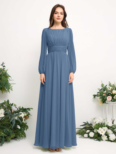 Boat Neck Long Sleeve Chiffon Maxi Dress | Elegant A-Line Bridesmaid & Wedding Guest Dress #color_dusty-blue