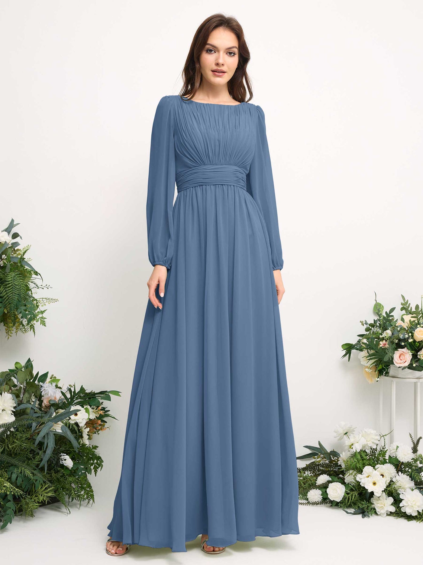 Boat Neck Long Sleeve Chiffon Maxi Dress | Elegant A-Line Bridesmaid & Wedding Guest Dress #color_dusty-blue