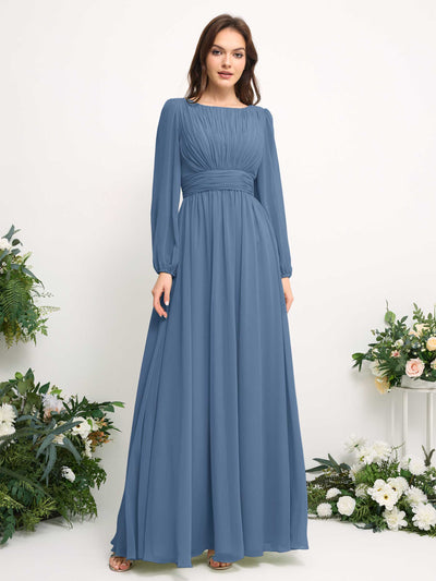 Boat Neck Long Sleeve Chiffon Maxi Dress | Elegant A-Line Bridesmaid & Wedding Guest Dress #color_dusty-blue