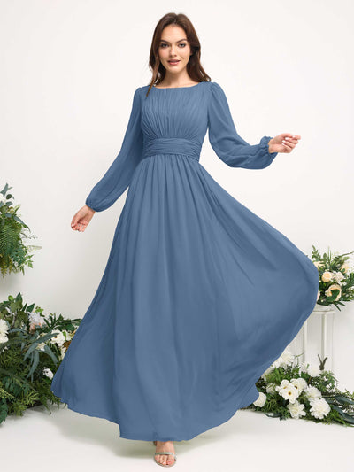 Boat Neck Long Sleeve Chiffon Maxi Dress | Elegant A-Line Bridesmaid & Wedding Guest Dress #color_dusty-blue