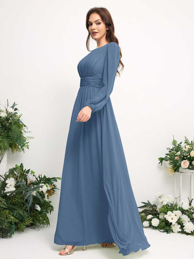 Boat Neck Long Sleeve Chiffon Maxi Dress | Elegant A-Line Bridesmaid & Wedding Guest Dress #color_dusty-blue
