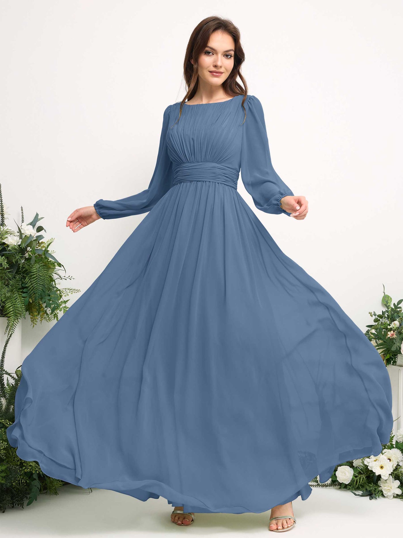 Boat Neck Long Sleeve Chiffon Maxi Dress | Elegant A-Line Bridesmaid & Wedding Guest Dress #color_dusty-blue