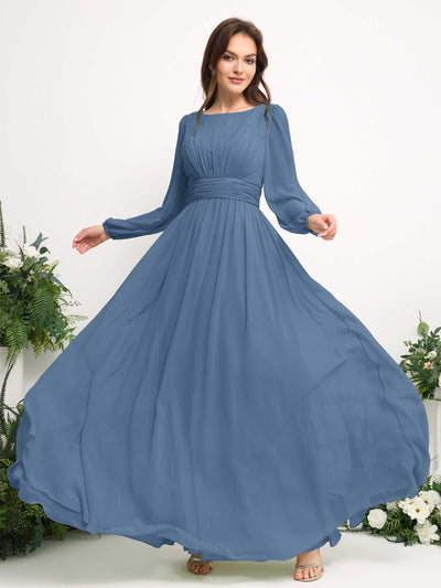 Boat Neck Long Sleeve Chiffon Maxi Dress | Elegant A-Line Bridesmaid & Wedding Guest Dress #color_dusty-blue