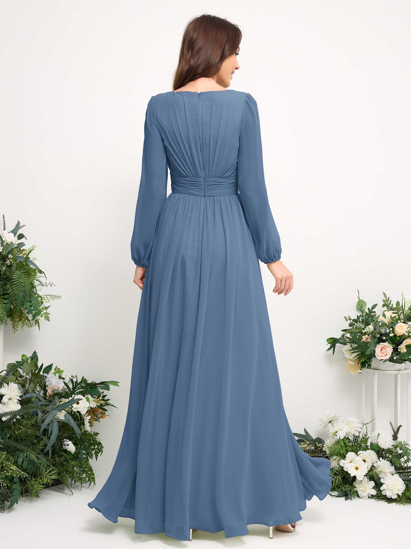 Boat Neck Long Sleeve Chiffon Maxi Dress | Elegant A-Line Bridesmaid & Wedding Guest Dress #color_dusty-blue