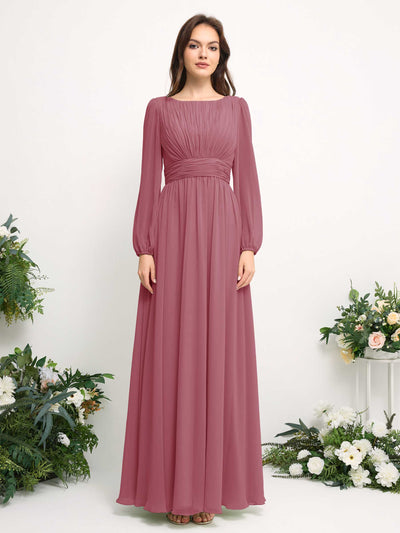Boat Neck Long Sleeve Chiffon Maxi Dress | Elegant A-Line Bridesmaid & Wedding Guest Dress #color_desert-rose