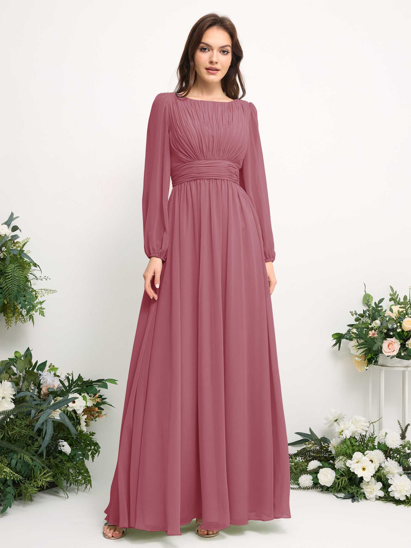 Boat Neck Long Sleeve Chiffon Maxi Dress | Elegant A-Line Bridesmaid & Wedding Guest Dress #color_desert-rose