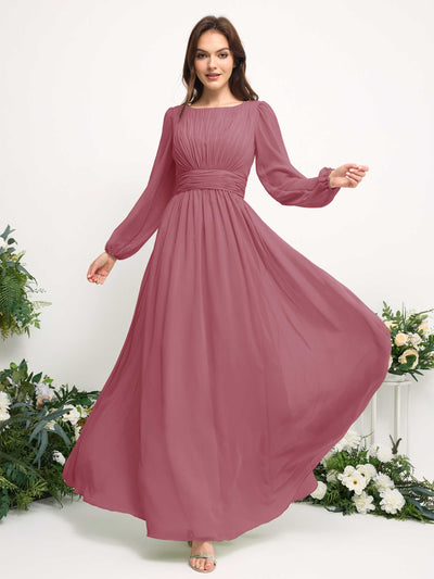 Boat Neck Long Sleeve Chiffon Maxi Dress | Elegant A-Line Bridesmaid & Wedding Guest Dress #color_desert-rose