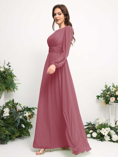 Boat Neck Long Sleeve Chiffon Maxi Dress | Elegant A-Line Bridesmaid & Wedding Guest Dress #color_desert-rose