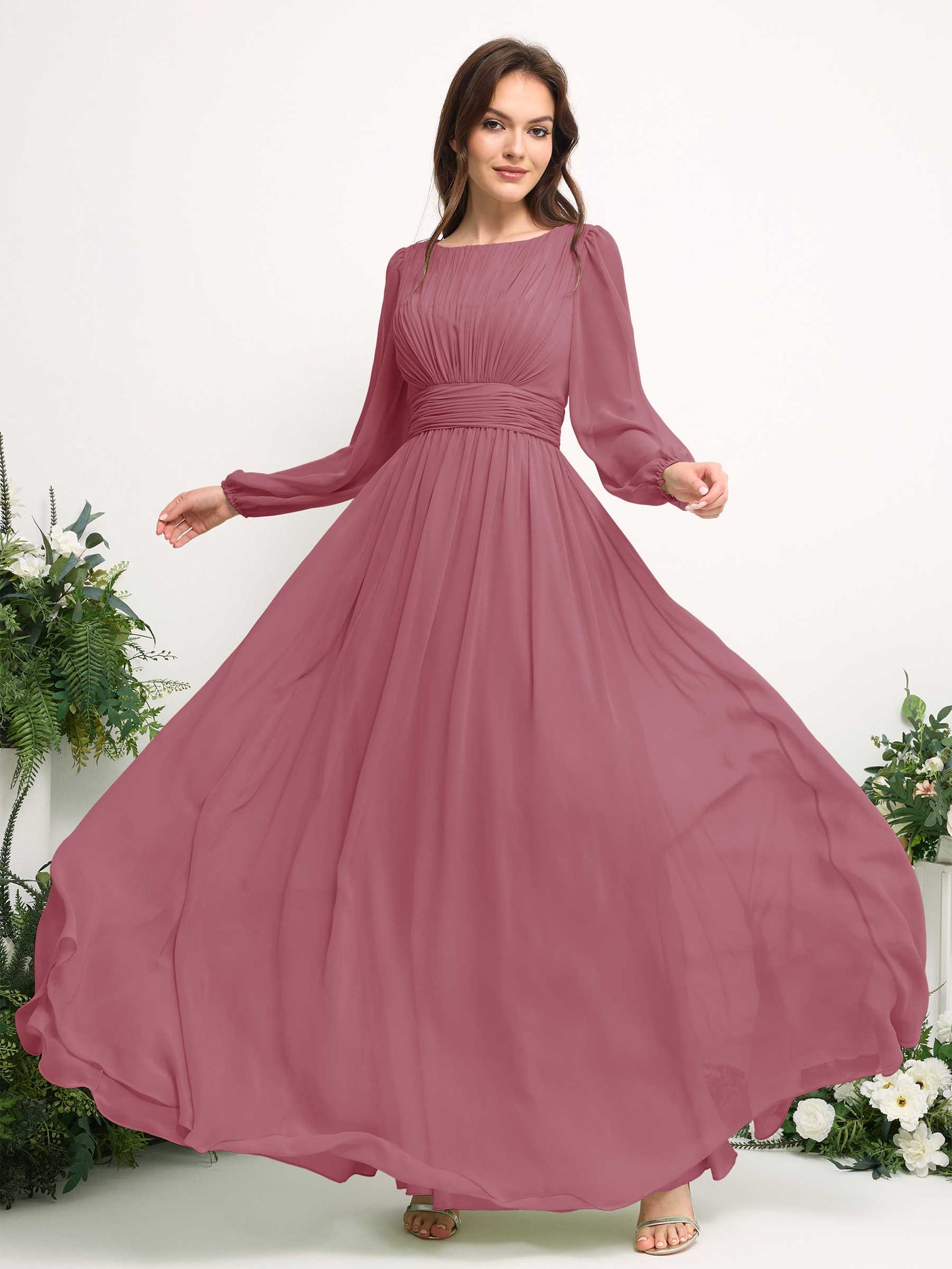 Boat Neck Long Sleeve Chiffon Maxi Dress | Elegant A-Line Bridesmaid & Wedding Guest Dress #color_desert-rose