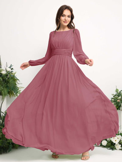 Boat Neck Long Sleeve Chiffon Maxi Dress | Elegant A-Line Bridesmaid & Wedding Guest Dress #color_desert-rose
