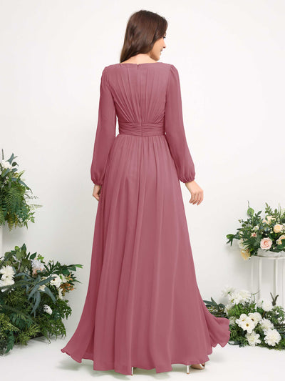 Boat Neck Long Sleeve Chiffon Maxi Dress | Elegant A-Line Bridesmaid & Wedding Guest Dress #color_desert-rose