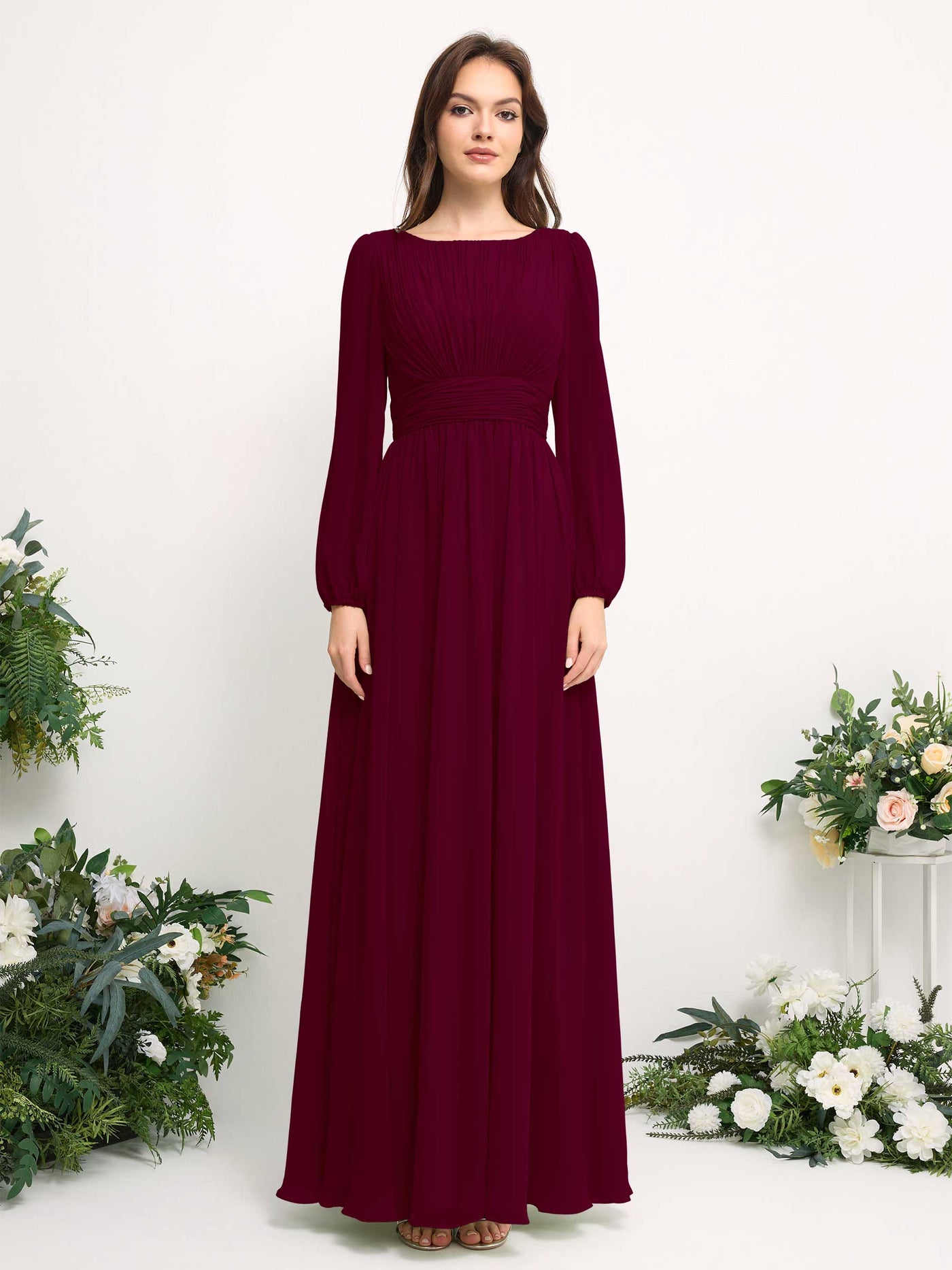 Boat Neck Long Sleeve Chiffon Maxi Dress | Elegant A-Line Bridesmaid & Wedding Guest Dress #color_burgundy