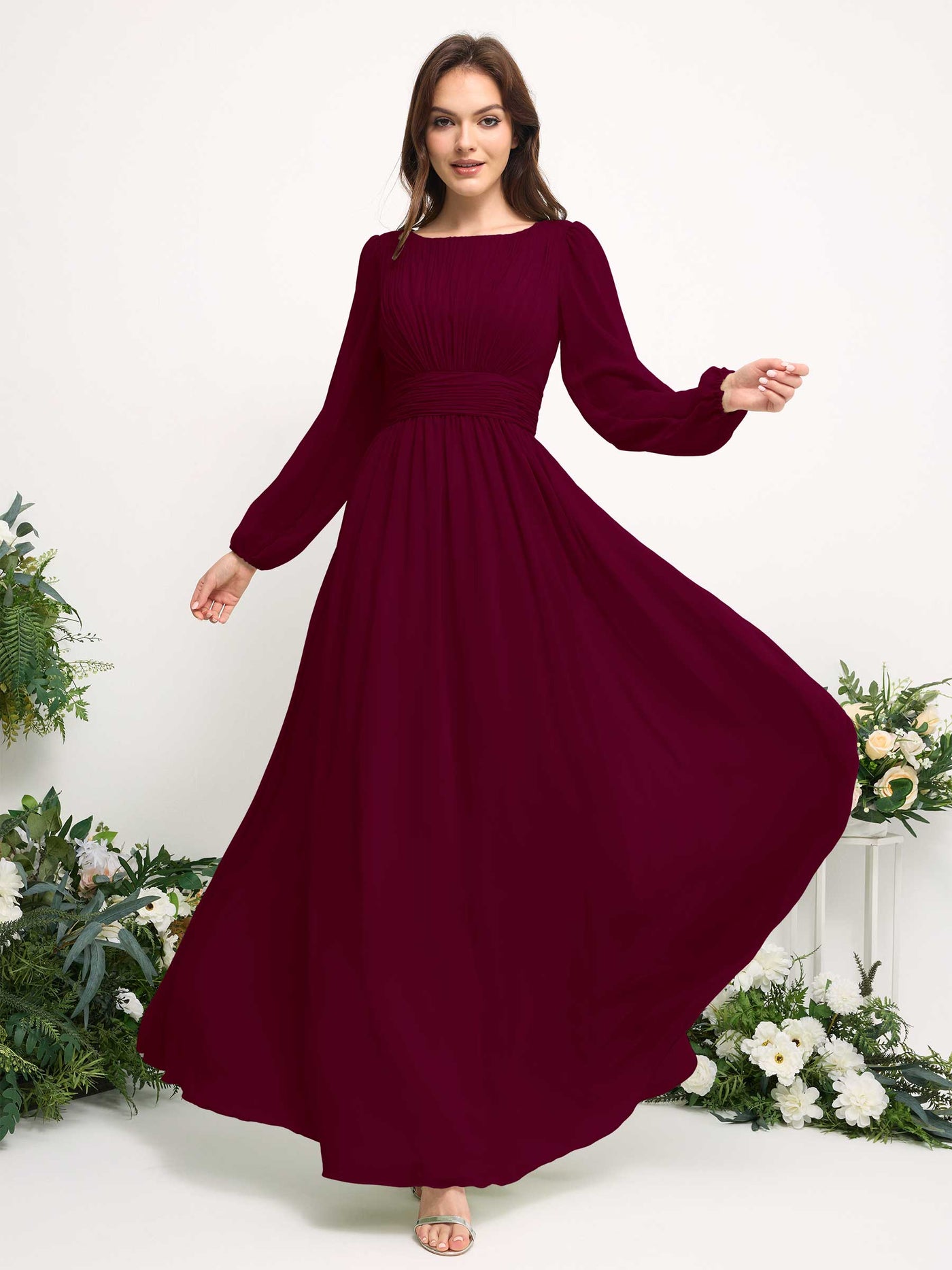Boat Neck Long Sleeve Chiffon Maxi Dress | Elegant A-Line Bridesmaid & Wedding Guest Dress #color_burgundy