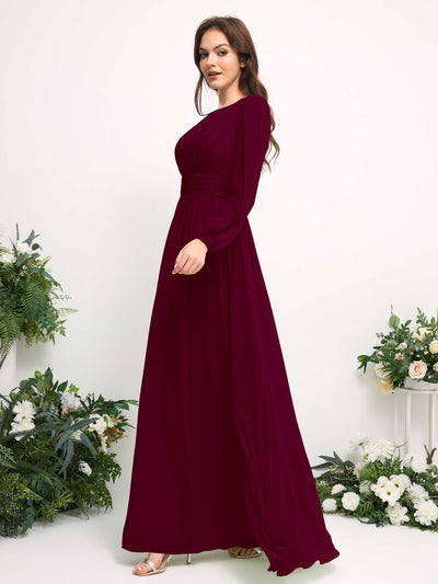 Boat Neck Long Sleeve Chiffon Maxi Dress | Elegant A-Line Bridesmaid & Wedding Guest Dress #color_burgundy