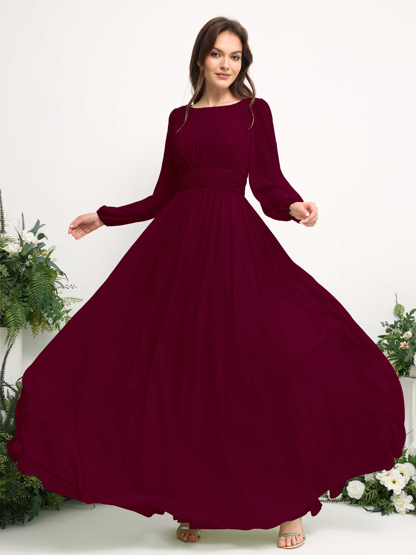 Boat Neck Long Sleeve Chiffon Maxi Dress | Elegant A-Line Bridesmaid & Wedding Guest Dress #color_burgundy