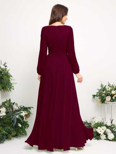 Boat Neck Long Sleeve Chiffon Maxi Dress | Elegant A-Line Bridesmaid & Wedding Guest Dress #color_burgundy