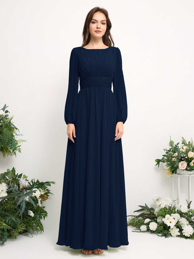 Boat Neck Long Sleeve Chiffon Maxi Dress | Elegant A-Line Bridesmaid & Wedding Guest Dress #color_navy