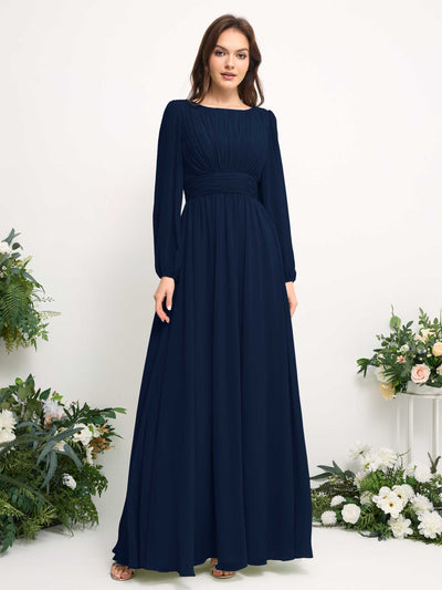 Boat Neck Long Sleeve Chiffon Maxi Dress | Elegant A-Line Bridesmaid & Wedding Guest Dress #color_navy