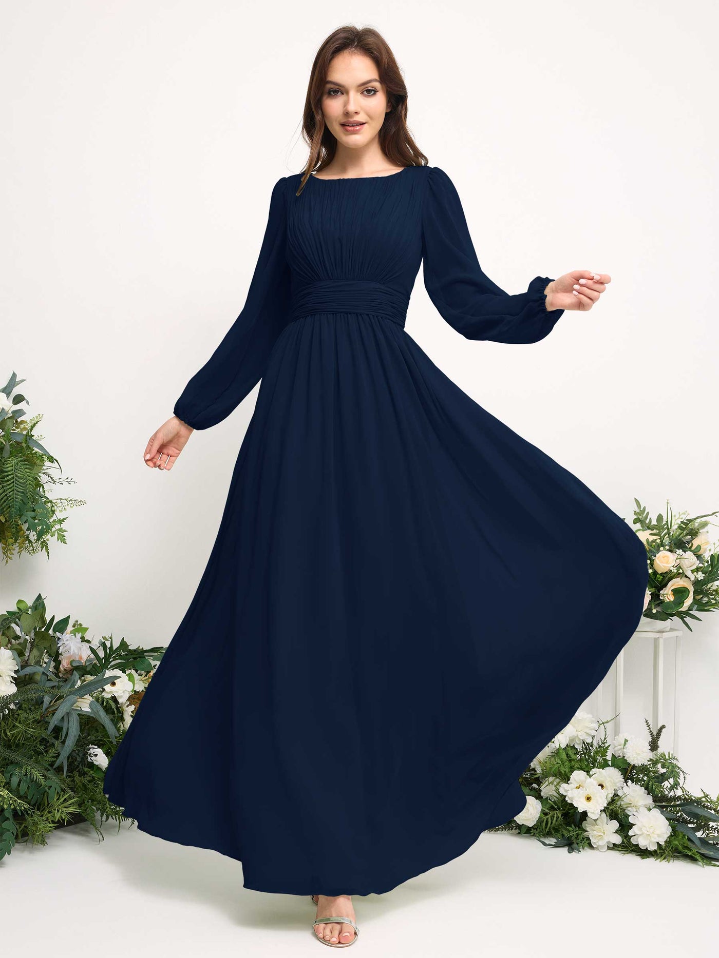 Boat Neck Long Sleeve Chiffon Maxi Dress | Elegant A-Line Bridesmaid & Wedding Guest Dress #color_navy