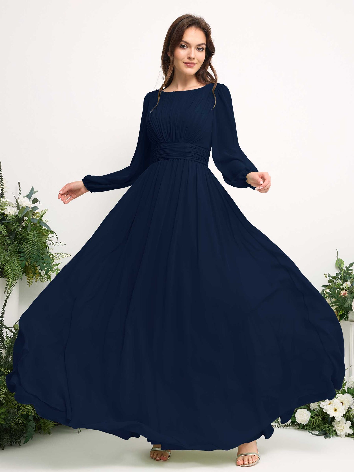 Boat Neck Long Sleeve Chiffon Maxi Dress | Elegant A-Line Bridesmaid & Wedding Guest Dress #color_navy