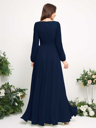 Boat Neck Long Sleeve Chiffon Maxi Dress | Elegant A-Line Bridesmaid & Wedding Guest Dress #color_navy