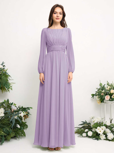 Boat Neck Long Sleeve Chiffon Maxi Dress | Elegant A-Line Bridesmaid & Wedding Guest Dress #color_lilac