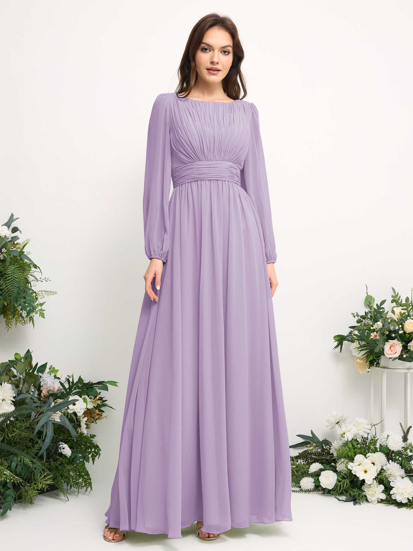 Boat Neck Long Sleeve Chiffon Maxi Dress | Elegant A-Line Bridesmaid & Wedding Guest Dress #color_lilac