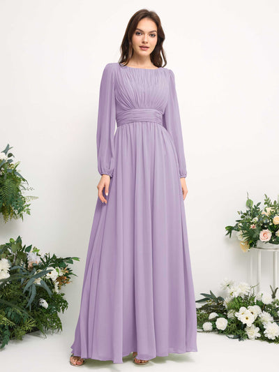 Boat Neck Long Sleeve Chiffon Maxi Dress | Elegant A-Line Bridesmaid & Wedding Guest Dress #color_lilac