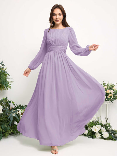Boat Neck Long Sleeve Chiffon Maxi Dress | Elegant A-Line Bridesmaid & Wedding Guest Dress #color_lilac